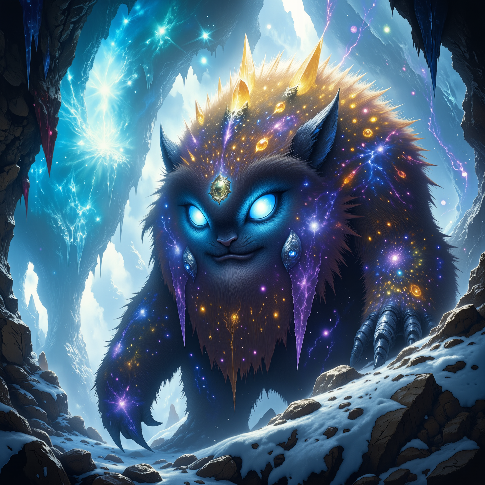 highly detailed, intricate, detailed background, famous artwork inspired by warren mahy and amanda clark, detailed glowing eyes, the "proud zillowlumberer" is a colorful hypnotic life form. with its very long and dense fur it is well adapted to the freezing temperatures in the sorbsarbled crystal ice cavern labyrinths of their shmoggled homeworld, the planet "grobshnuggler x". with their enormous claws they carve new paths through the thick pearlimortaled ice or hunt the "stealthy wibbleroq", dappled lighting, golden ratio, in the style of ck-ovf, amanoer, arsmjstyle, dnddarkestfantasy, aidmamj6.1,
<lora:style-oneviolentfantasy-ep21-flux-by_chronoknight:0.52>
<lora:style-yoshitaka_amano-elden_ring-flux-by_alicient:0.48>
<lora:style-dnd_dark_fantasy-flux-by_arsmachina:0.64>
<lora:midjourney_61-v0.4-flux-by_aidma:0.68>
<lora:faetastic_details-flux-by_faeia:0.56>