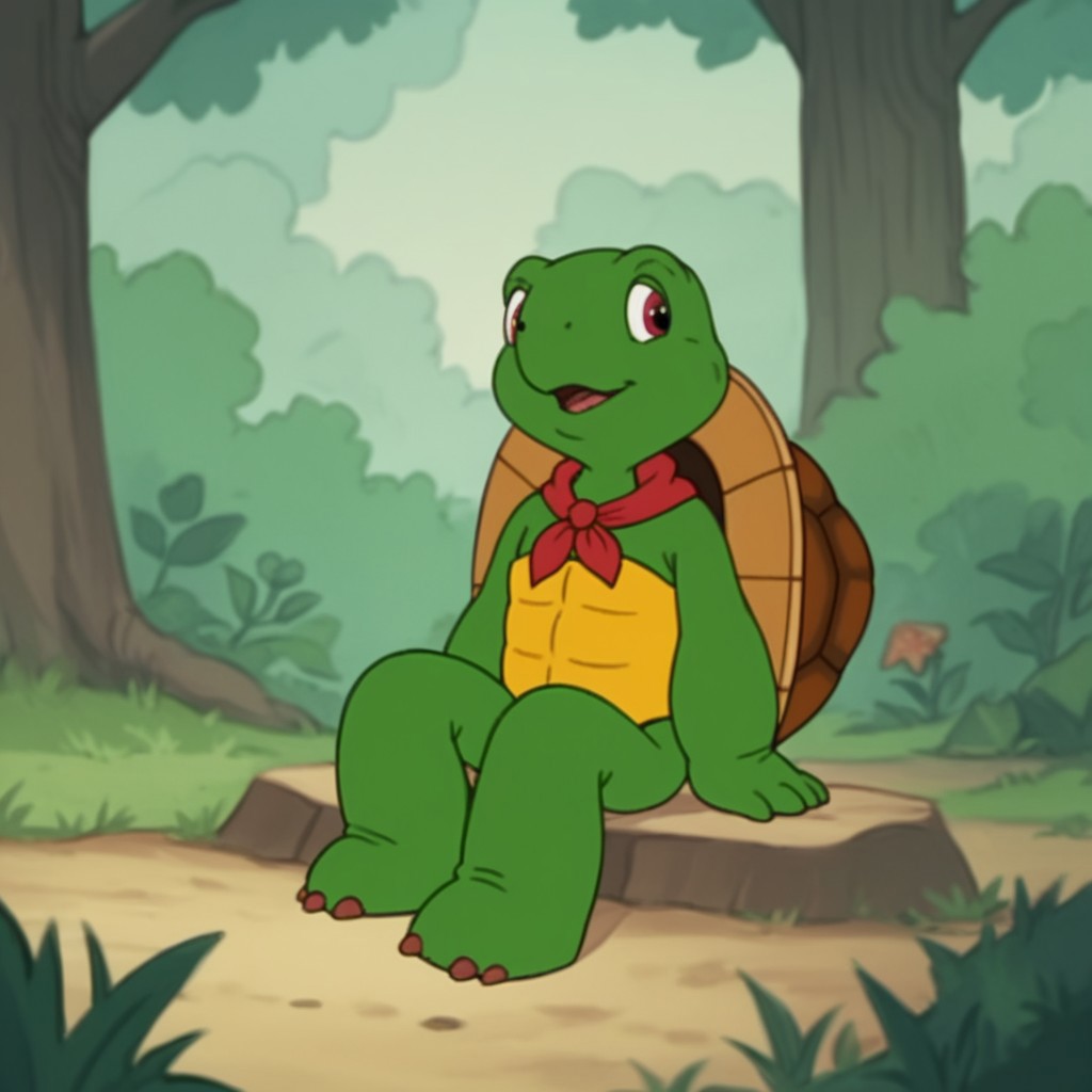 score_9, score_8_up, score_7_up, score_6_up, score_5_up, score_4_up, source_furry, frnklnturtle, semi-anthro, male, turtle, green skin,  outside, sitting, in a forest,  red neckerchief,