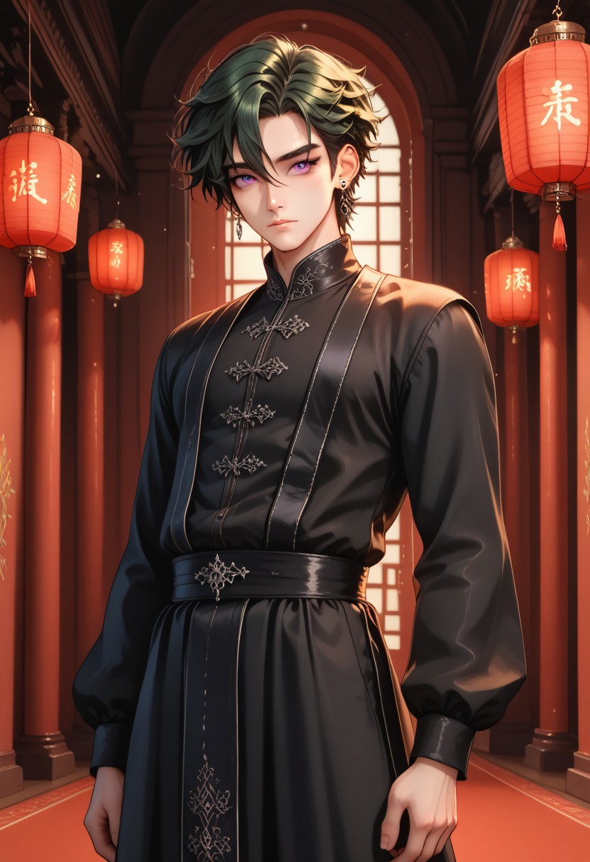 8k portrait, 1 boy,solo, (finely detailed beautiful eyes: 1.2), full body, cowboy shot, male focus, 20 years old,AntherimA, purple eyes, slit pupils, dark green hair, hair between eyes, asymmetrical hair parting, light_red_eyeshadow, ((1_earstud_left_side)), shy, dynamic pose,  chinese_clothing, red_clothes, long sleeves, flowing fabrics, gothic style , intricate, elegant, highly detailed, majestic, professional photography, masterpiece, very dark, lanterns, black waistband, hdr, chinse palace, red pillars, giant coiled snake,