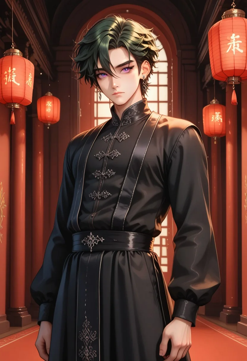 8k portrait, 1 boy,solo, (finely detailed beautiful eyes: 1.2), full body, cowboy shot, male focus, 20 years old,AntherimA, purple eyes, slit pupils, dark green hair, hair between eyes, asymmetrical hair parting, light_red_eyeshadow, ((1_earstud_left_side)), shy, dynamic pose,  chinese_clothing, red_clothes, long sleeves, flowing fabrics, gothic style , intricate, elegant, highly detailed, majestic, professional photography, masterpiece, very dark, lanterns, black waistband, hdr, chinse palace, red pillars, giant coiled snake,