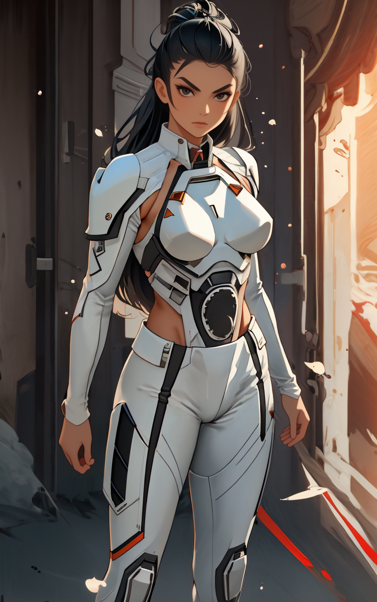 ((masterpiece, best quality)),  solo, looking at viewer, amazon_woman whit black hair wearing spacesuit, long hair, "Content:1.2", "Taper fade hairstyle" hair, "Arms crossed" pose , skin tight,  depth of field, light particles,
 <lora:GoodHands-beta2:1>,
<lora:BrazilianWomanAmazon_V1.0:1>,
<lora:muscle_slider_v1:2>,
<lora:weight_slider_v2:-1>,
<lora:hair_length_slider_v1:1>,
 <lora:spacesuitV1.0:0.6>,
 <lora:wuxia2:0.6>,
 <lora:Background_Detail_v3:1>,
<lora:IvoryGoldAIv2:0.7>
