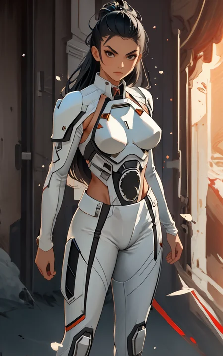 ((masterpiece, best quality)), solo, looking at viewer, amazon_woman whit black hair wearing spacesuit, long hair, "Content:1.2", "Taper fade hairstyle" hair, "Arms crossed" pose , skin tight, depth of field, light particles,
<lora:GoodHands-beta2:1>,
<lora:BrazilianWomanAmazon_V1.0:1>,
<lora:muscle_slider_v1:2>,
<lora:weight_slider_v2:-1>,
<lora:hair_length_slider_v1:1>,
<lora:spacesuitV1.0:0.6>,
<lora:wuxia2:0.6>,
<lora:Background_Detail_v3:1>,
<lora:IvoryGoldAIv2:0.7>