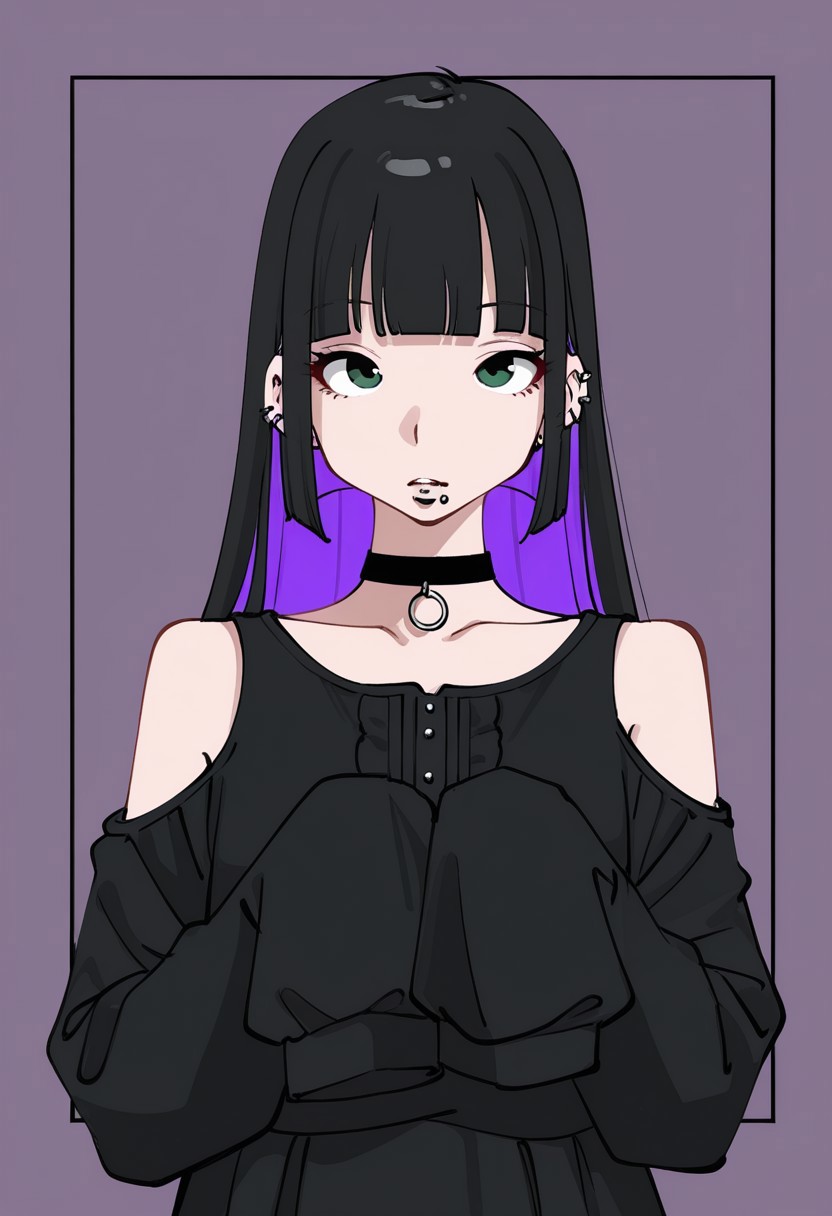 by nu—, character portrait, 1girl, ear piercing, lip piercing, chin piercing, colored inner hair, black hair, purple hair, hime cut, blunt ends, medium bangs, green eyes, long dress, black dress, shoulder cutout, sleeves past fingers, black choker, bare shoulders, black sleeves, choker, clothing cutout, detached sleeves, dress, gothic, shoulder cutout, sleeves past wrists, very long sleeves