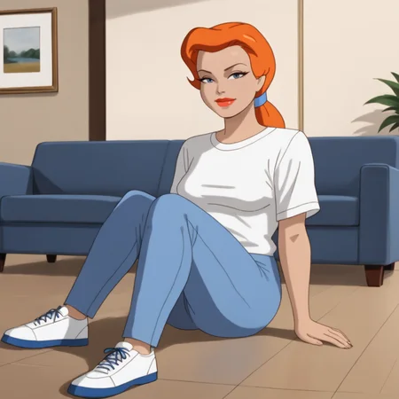 <lora:poisonivybtas_pony_v1:.8>PoisonIvyTiedHair, 1girl, solo,  blue pants, red lips, ponytail, shirt, mature female, orange hair, makeup, medium breasts, lipstick