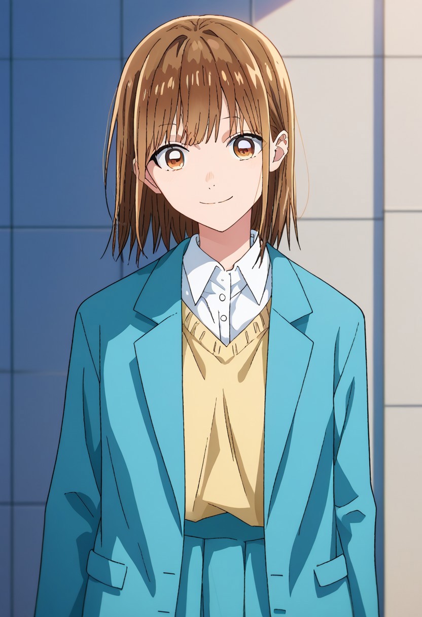 score_9, score_7_up, source_anime, 
chinatsu, 1girl, solo, brown eyes, brown hair, bangs, school uniform, shirt, white shirt, collared shirt, cardigan, jacket, blazer, blue jacket, long sleeves, open jacket, open clothes, smile
outfoor,