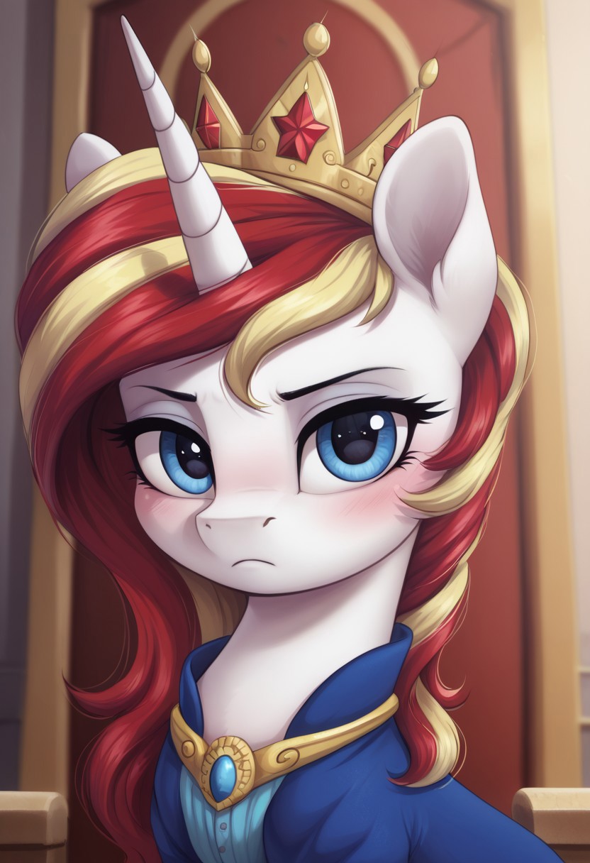 score_9, score_8_up, score_7_up, score_6_up, score_5_up, score_4_up, g4, solo, pony, feral pony, female, white skin, red cheeks, scarlet mane, blue eyes, young, kid, child, younger, white blouse, blue dress, russian crown, diadem, palace, throne room, serious, shy, look at you, blushing, cute, glare, high res, face, portrait, bust
