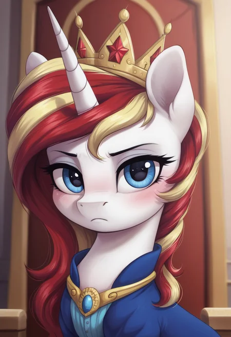 score_9, score_8_up, score_7_up, score_6_up, score_5_up, score_4_up, g4, solo, pony, feral pony, female, white skin, red cheeks, scarlet mane, blue eyes, young, kid, child, younger, white blouse, blue dress, russian crown, diadem, palace, throne room, serious, shy, look at you, blushing, cute, glare, high res, face, portrait, bust