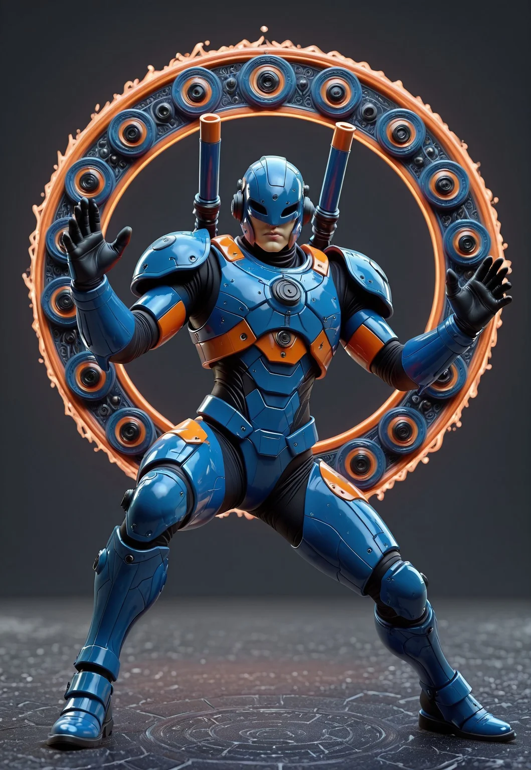 (masterpiece, best quality),very aesthetic,absurdres,amazing quality,highres,newest, hdr,8k,ultra-detailed,official art,anime style,very aesthetic, detailed illustration,luminous contrast,(bright colors),(vivid colors:1.2), very aesthetic,8k, realistic, masterpiece, best quality, depth of field, absurdres, hyper-detailed, very aesthetic, very awa, very awa, sfw, rating:safe, Bioluminescent, blue armor, orange armor accents, glossy armor surface, armored chestplate, circular chest detail, symmetrical chest design, black bodysuit under armor, mechanical shoulder pads, high-tech gauntlets, segmented arm armor, reinforced leg armor, black gloves, orange shoulder vents, dual shoulder cannons, upward-facing cannons, orange cannon tips, futuristic helmet, open lower face helmet, exposed mouth and chin, visible lips, strong jawline, neck guard, partial faceplate, closed visor with cutout, black visor, reinforced knee plates, belt with orange elements, sci-fi armor design, detailed panel lines, modular armor structure,Turricanhero, BrenMcGuire, turricanBrenMcGuire, mandala, zentangle art, abstract, badass pose, action pose,