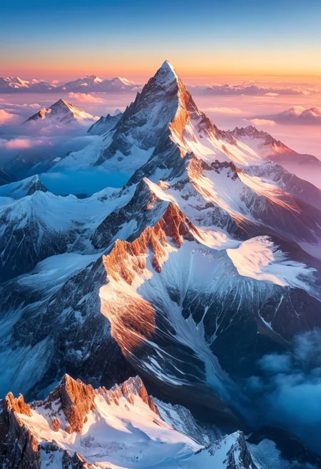 A breathtaking aerial view of a majestic snow-covered mountain range during sunset. The towering peaks are sharp and rugged, covered with thick snow and ice, reflecting the warm, golden sunlight from the horizon. Soft, fluffy clouds blanket the lower parts of the mountains, creating a sea of clouds below. The sky is painted in hues of orange, pink, and light blue, blending harmoniously to emphasize the serenity and grandeur of the landscape. The overall atmosphere is calm and awe-inspiring, capturing the magnificence of nature from a high perspective.