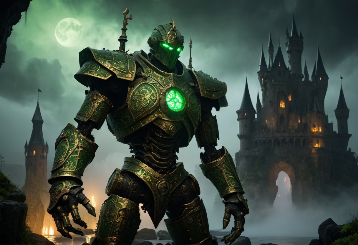giant bipedal robot brass and pastel green striped paint, bronze paisley robot. lacy robot metal. glass mosaic helmet torso head. outside of a steampunk keep. large detailed torso. dark image. one forty foot tall ancient robot with great arms and two heavy spring legs. dark foggy night background. $dark foggy night image only. dark photo realistic image. steampunk details. cogs, chains and pipes incorporated in the fantasy buildings. magic wizards tower in background. Dark swamp, moss, castle ruins, wizards tower. stormy dark night. stormy sky. rain