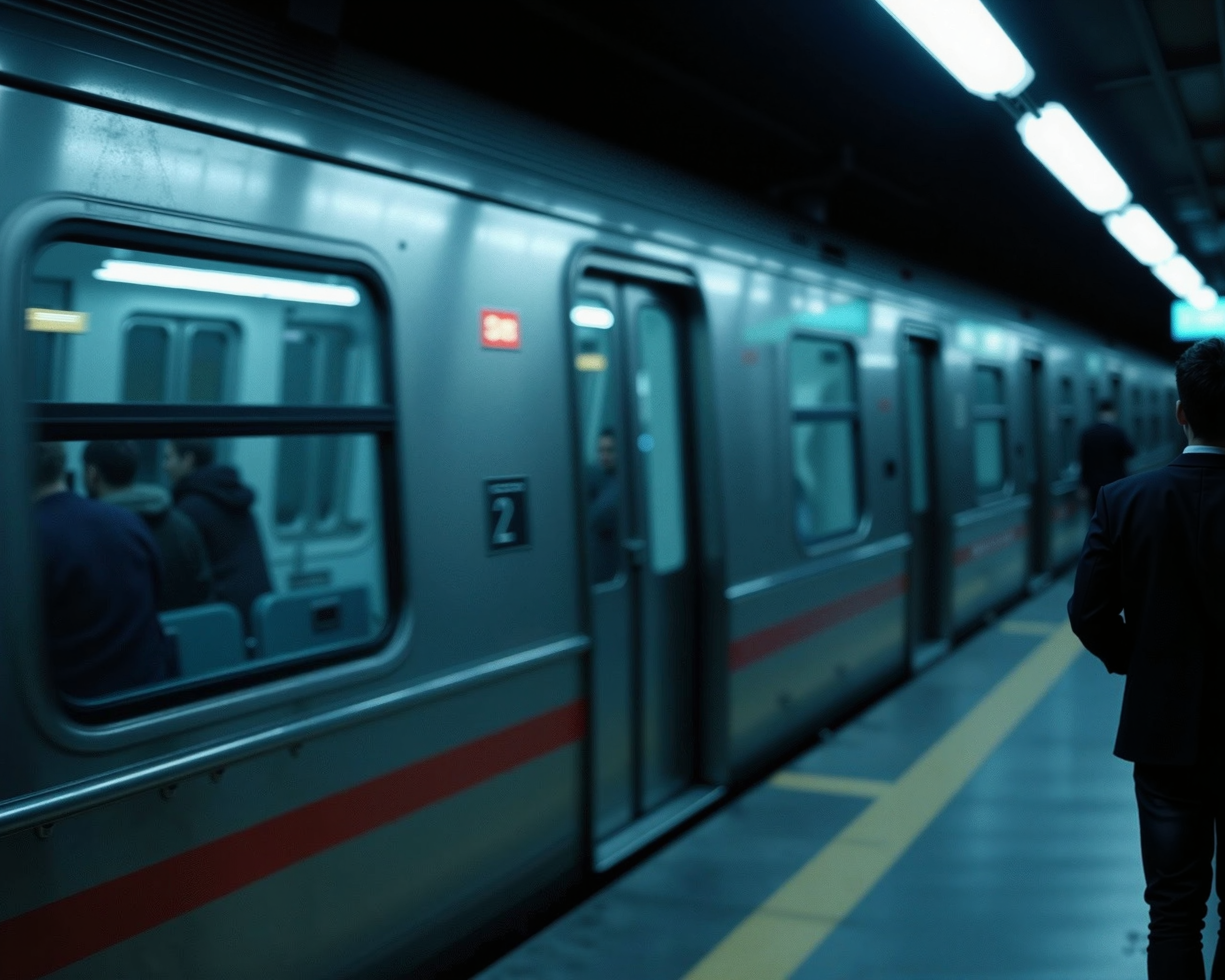ultrasharp photograph, black and blue, central focus. this is a high-resolution photograph capturing a train arriving at a empty station in los angeles. the people are in focus.