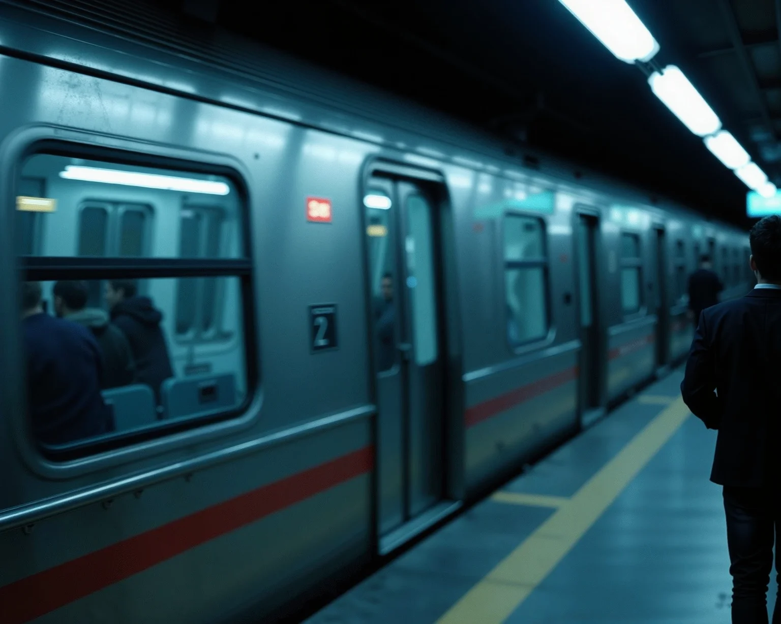 ultrasharp photograph, black and blue, central focus. this is a high-resolution photograph capturing a train arriving at a empty station in los angeles. the people are in focus.