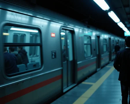 ultrasharp photograph, black and blue, central focus. this is a high-resolution photograph capturing a train arriving at a empty station in los angeles. the people are in focus.