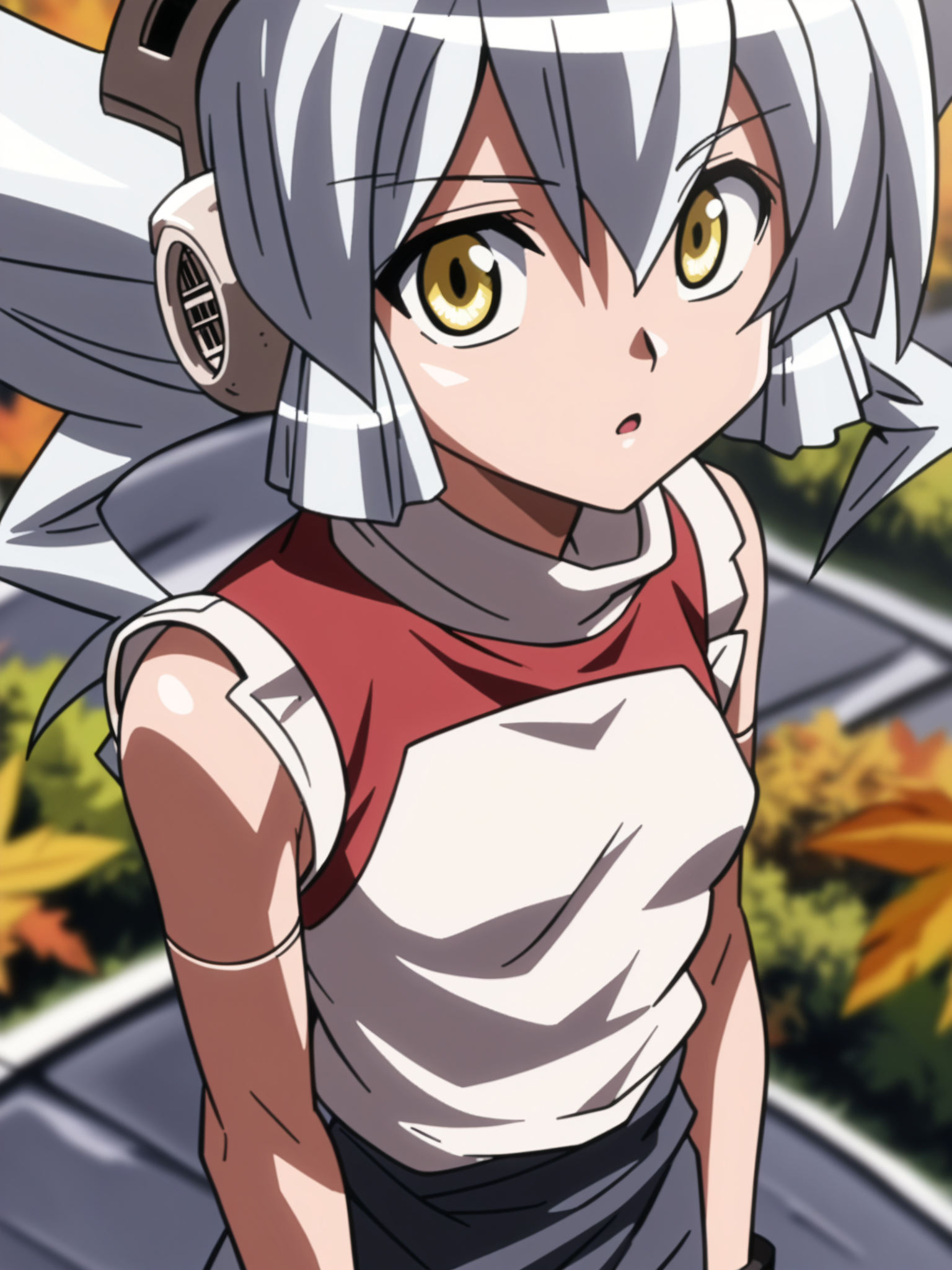 <lora:happy_tentacle-disc-v0.3-000011:0.9>, ht_disc, joints, head-mounted display, outdoors, autumn, sleeveless shirt, turtleneck sweater , small breasts, eyewear on head , cowboy shot, 1girl, (petite:1.2), solo focus, surprised, wide-eyed, (looking at viewer:1.1), , (depth of field:0.8), from above, score_9, score_8_up, score_7_up, score_6_up, score_5_up, score_4_up,