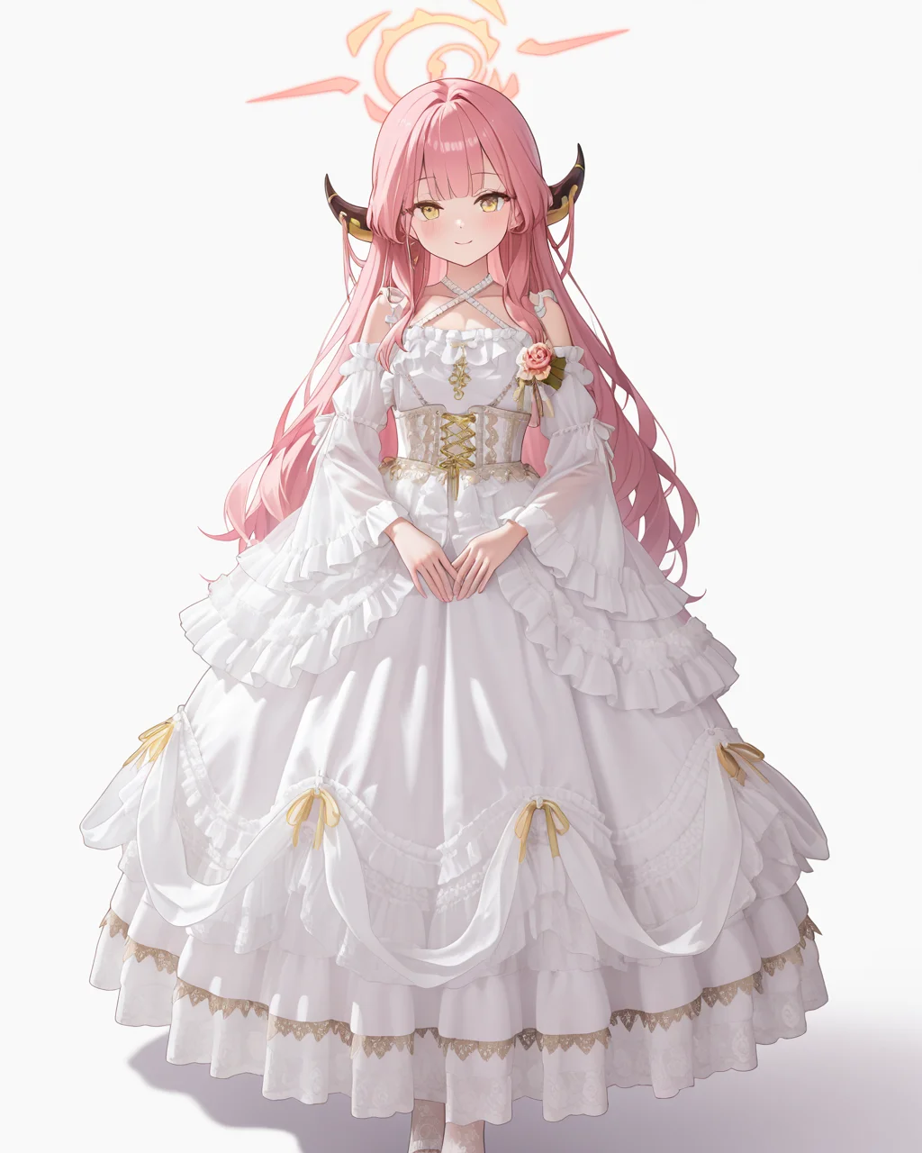 Positive: Masterpiece, best quality, amazing quality, very aesthetic, high resolution, ultra-detailed, absurdres,
1girl,solo,white_background,
zzAru, yellow eyes, pink hair, long hair, demon horns, halo,
white off-shoulder lace ruffled dress,
white dress,white off-shoulder,lace,frills,
criss-cross halter,
corsage,jewelry,
long sleeves,detached sleeves,
white pumwhite lace pantyhose,
standing,full_body,