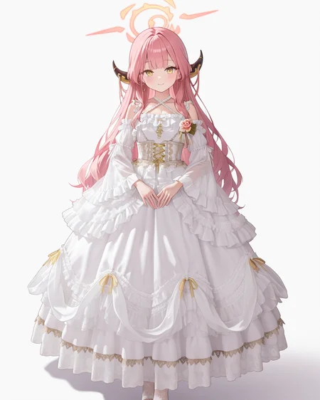 Positive: Masterpiece, best quality, amazing quality, very aesthetic, high resolution, ultra-detailed, absurdres,
1girl,solo,white_background,
zzAru, yellow eyes, pink hair, long hair, demon horns, halo,
white off-shoulder lace ruffled dress,
white dress,white off-shoulder,lace,frills,
criss-cross halter,
corsage,jewelry,
long sleeves,detached sleeves,
white pumwhite lace pantyhose,   
standing,full_body, 
