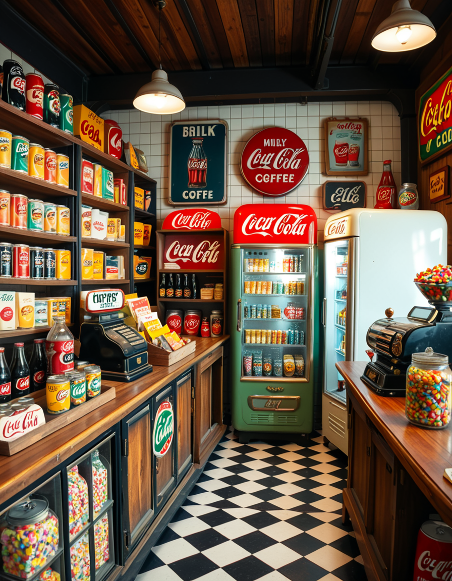 A vintage 1950s grocery store filled with nostalgic details. Wooden shelves neatly stocked with classic canned goods, glass soda bottles, and colorful retro packaging. An old-fashioned cash register sits on the wooden counter, next to a small scale for weighing produce. The checkered black-and-white tile floor adds to the mid-century charm, while hand-painted signs on the walls advertise milk, bread, and coffee in bold, retro fonts. A display of penny candy in glass jars sits near the entrance, and a vintage Coca-Cola refrigerator hums in the background. Soft, warm lighting casts a nostalgic glow over the scene, enhancing the rich textures of wood, glass, and metal, capturing the essence of a bygone era.
<lora:SDXLFaeTastic2400:0.4> <lora:extremely_detailed:0.4> extremely detailed
 <lora:1950s_grocery_st0r3:1>,1950s grocery st0r3, Masterpiece,best quality,hi res,8k,hi res,8k,award winning,(sharp focus, intricate, highly detailed),