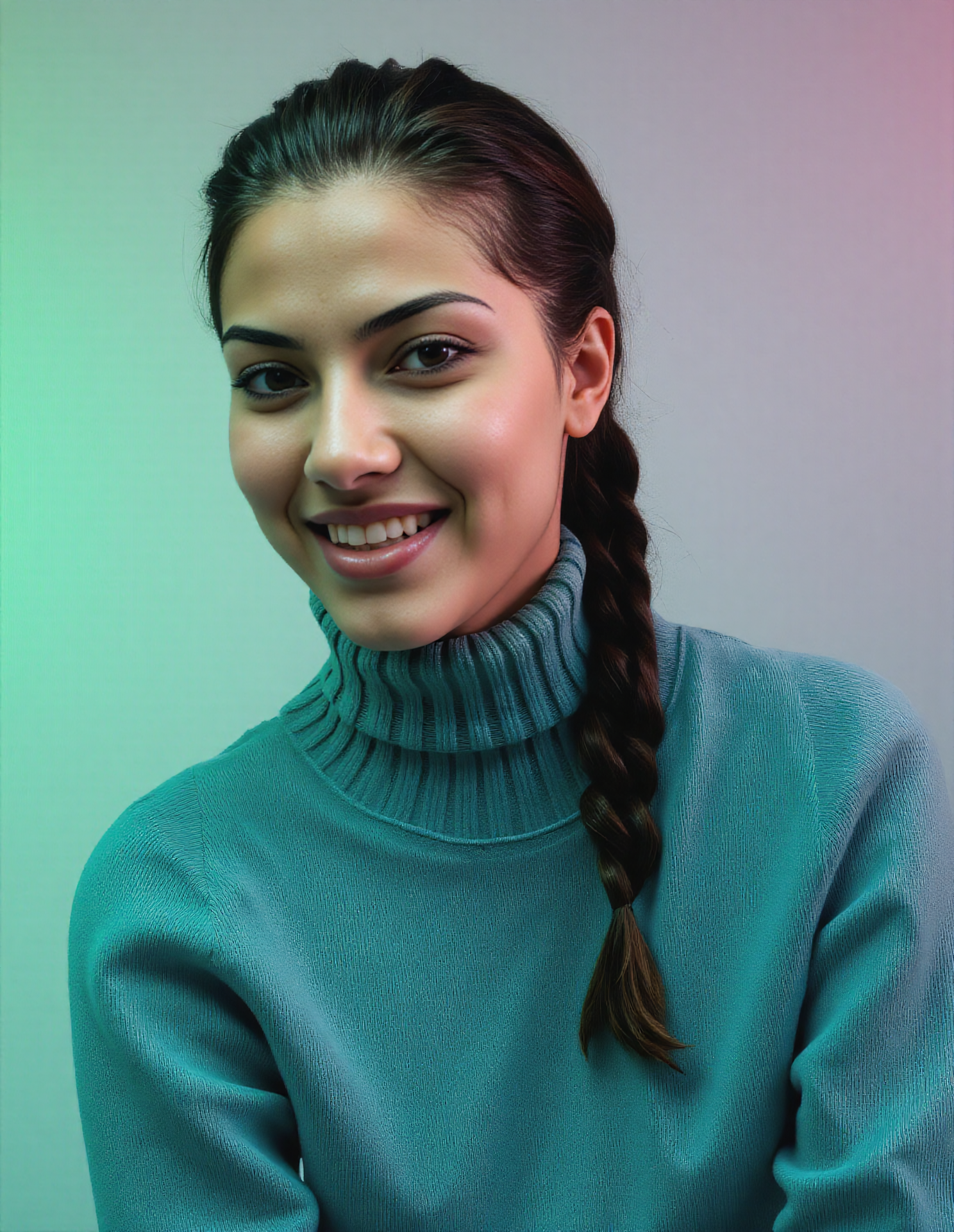 black and white photo of a pretty  woman with a d351 m3d1um skintone, hyper realistic photo that is safe for work, laughing, studio quality image with natural colors, well dressed wearing intricate long sleeved Teal turtleneck sweater, hair styled as  french plait,muted pastel shaded multicolored background that contrasts with the person, cinematic lighting,âââââ <lora:d351_m3d1um_Desi_Mocha_Flux_Kohya_V3:1>âââ