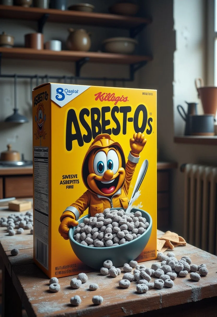 A detailed DSLR photograph of a cereal box that says "ASBEST-Os" on it, it features a mascot in a fire retardant suit made of asbestos, the cereal is also asbestos, the kitchen is run down and dusty and derelict, the cereal is grey and white and fibrous