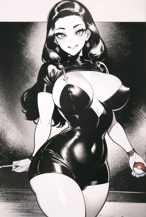 (8k, RAW photo, best quality, masterpiece:1.2), large breasts, thick thighs, puffy nipples, shiny skin, looking at viewer, makeup,cameltoe,wide hips,mind control,seductive smile,cowboy shot,shiny clothes,dress,glowing eyes, poke ball \(basic\), nightsofhorror, <lora:NightsofHorror:0.90>,greyscale