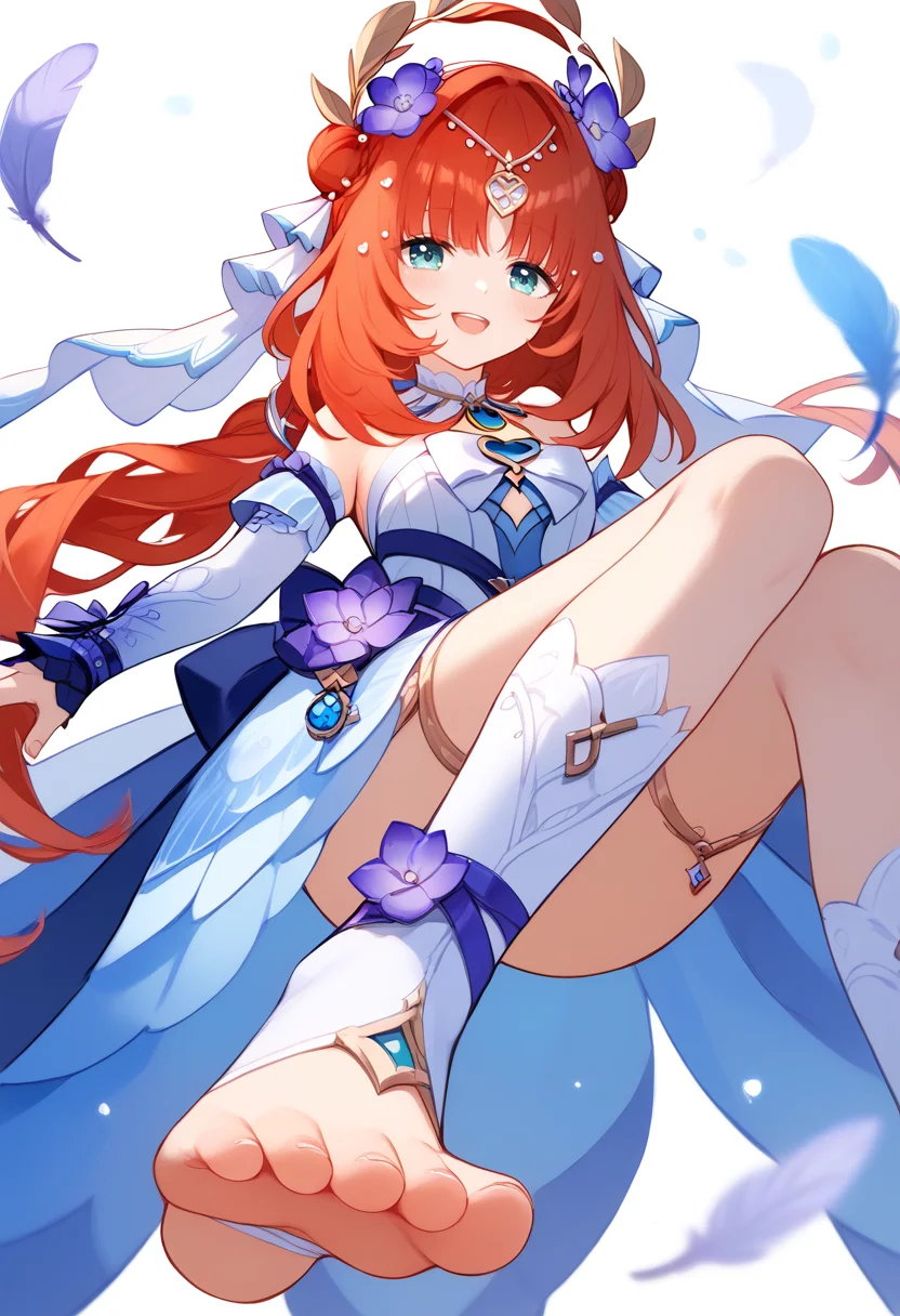 score_9,score_8_up,score_7_up,score_6_up,
<lora:Nilou_Bof_pony>,Genshin_Nilou,1girl,solo,long hair,looking at viewer,veil,purple flower,strapless dress,detached sleeves,red hair,feathers hair ornament,parted bangs,gem,hair flower,blue eyes,toeless legwear,simple_background,white_background,smile,open mouth,from below,low angle,ground level,(foot focus),no hands,sitting,