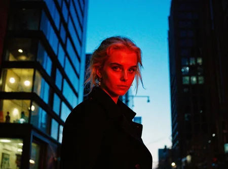8n8log, Young woman, early 20s, Caucasian, wearing a dark coat, standing against a backdrop of illuminated skyscrapers at night; her platinum blonde hair is tousled and highlighted by a red light that casts dramatic shadows on her face, creating a stark contrast with the deep blue sky. Her expression is neutral, with minimal makeup, focused on eyeliner to accentuate her eyes. Ambient glow from the city lights reflects off the glass buildings, creating bokeh effects in the background. Low angle, slightly blur from motion, professional quality, moody atmosphere. film photography aesthetic, film grain effect prominent throughout image, high contrast lighting creating dramatic shadows, grainy film-like texture