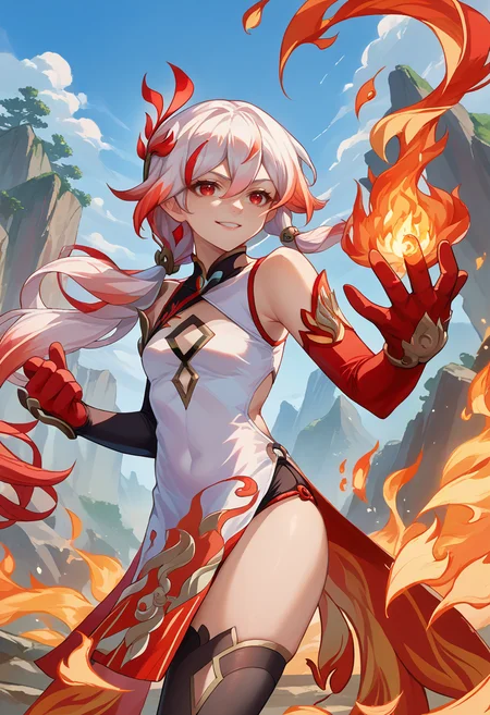 score_9, score_8_up, source_anime, HuahPhnx, red eyes, white hair, red streak, low ponytail, red hair ornament, china dress, white dress, clothing cutout, sleeveless dress, red gloves, elbow gloves, single thighhigh, black thighhighs, outdoors, fire, flames, dynamic pose, smile, <lora:ChamFuHuaPonyXL:1>