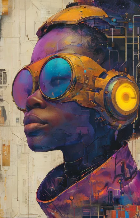masterpiece,best quality,<lora:tbh324-sdxl:0.9>,illustration,style of Afrofuturism, tech genius teenage girl