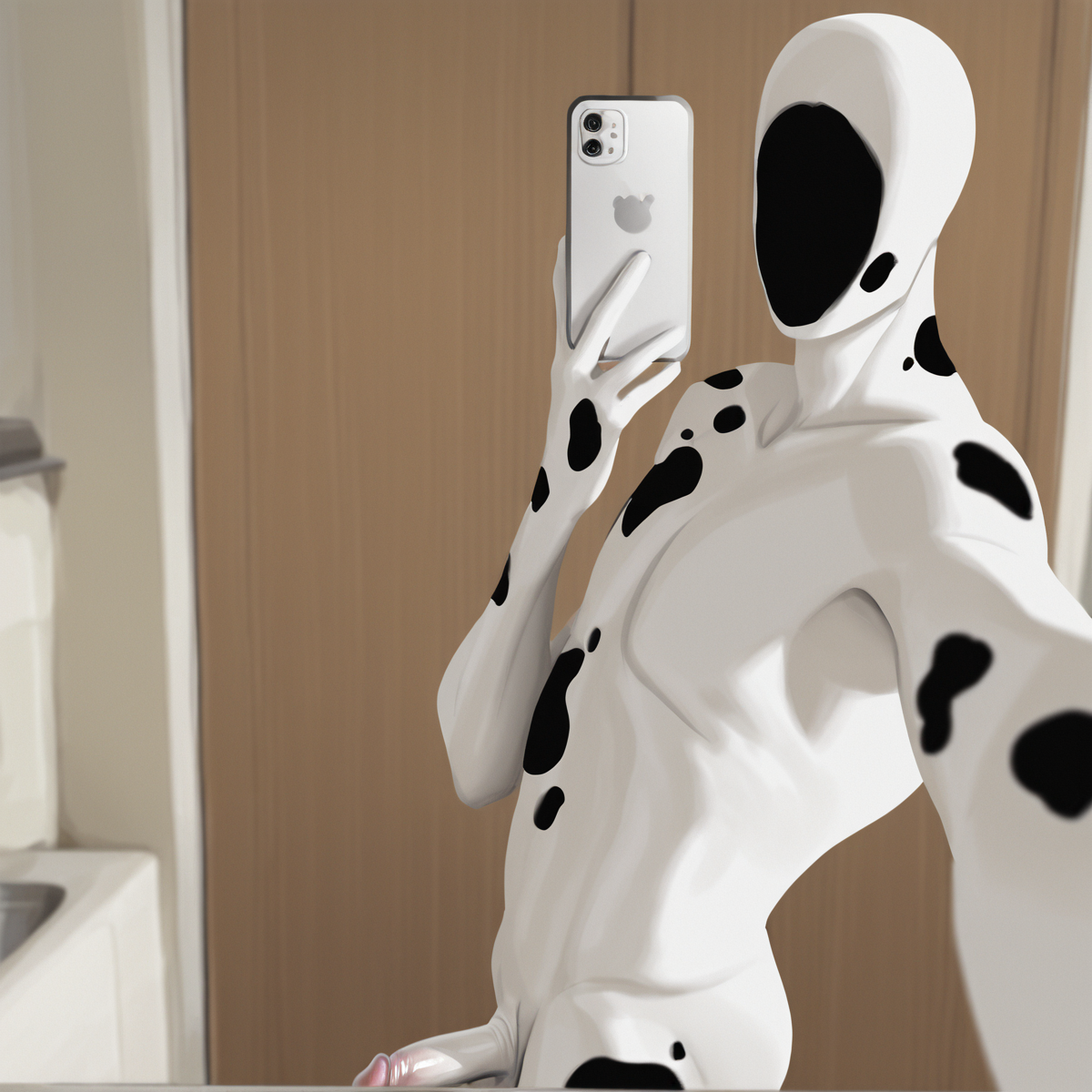 <lora:Spot-05:1> Solo, 1boy, male focus, no humans,faceless, (white body), faceless male, Spot, black spots,black spot mask, white and black penis,masterpiece,selfie,