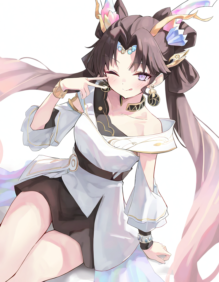 chenglongxuanji,solo,1girl,looking at viewer,white backgrounds,simple background,cowboy shot,<lora:chenglongxuanji-000014:1>,sitting,one eye closed,smile,tongue out,v,, masterpiece, best quality, very aesthetic, absurdres,newest, incredibly absurdres,, toshizou \(0714\)
