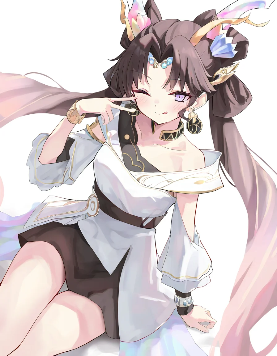 chenglongxuanji,solo,1girl,looking at viewer,white backgrounds,simple background,cowboy shot,<lora:chenglongxuanji-000014:1>,sitting,one eye closed,smile,tongue out,v,, masterpiece, best quality, very aesthetic, absurdres,newest, incredibly absurdres,, toshizou \(0714\)