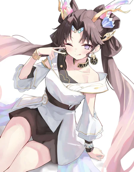 chenglongxuanji,solo,1girl,looking at viewer,white backgrounds,simple background,cowboy shot,<lora:chenglongxuanji-000014:1>,sitting,one eye closed,smile,tongue out,v,, masterpiece, best quality, very aesthetic, absurdres,newest, incredibly absurdres,, toshizou \(0714\)