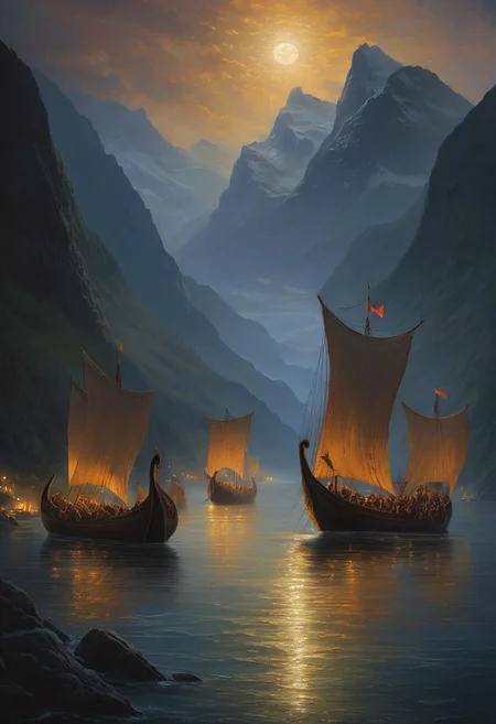 one night, a Viking village in a moonlit Norwegian fjord, a fleet of Viking longships (drakkars) approaching port