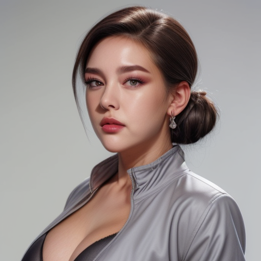 mature female, red eyeshadows, purple shirt, brown eyes, white background, slicked back hairstyle, looking at viewer,  jewelry, bra, parted lips, upper body, hair bun, brown eyes
