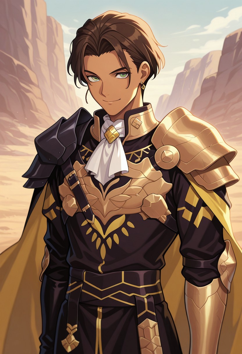 masterpiece,best quality,amazing quality, source_anime,
ClaudeVonRiegan, 1boy, male focus, solo, green eyes, brown hair, short hair, dark-skinned male, jewelry, earrings, ascot, white ascot, shoulder armor, cape, tunic, black and gold tunic, outdoor, smile,
