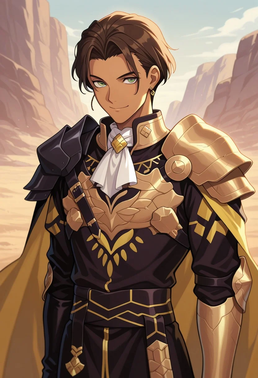 masterpiece,best quality,amazing quality, source_anime,
ClaudeVonRiegan, 1boy, male focus, solo, green eyes, brown hair, short hair, dark-skinned male, jewelry, earrings, ascot, white ascot, shoulder armor, cape, tunic, black and gold tunic, outdoor, smile,