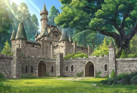 castle, courtyard, stone wall, arched windows, green grass, trees, forest, blue sky, sunlight, lens flare, fantasy, outdoors, daytime