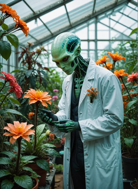 detailed, an alien botanist in a greenhouse filled with exotic, otherworldly plants, wearing a lab coat and examining a glowing flower, intricate details of the plants and their vibrant colors, futuristic laboratory setting
<lora:xray:1>
<lora:WildcardX-XL-Detail-Enhancer:1>