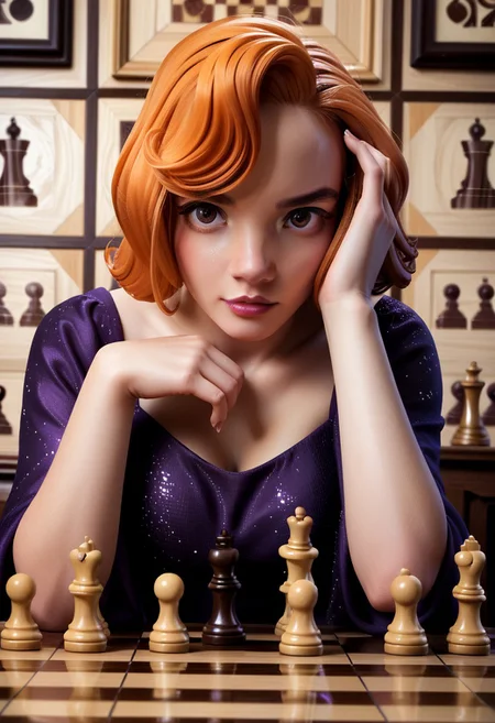 Hyper realistic detailed scene.
score 9, score 8, score 7, score 6,
xb0xc0ver, xbox360 video game cover of bethh, focused, orange hair, sparkling purple dress, on a giant chessboard, pieces, black and white chess pieces, oversized pieces