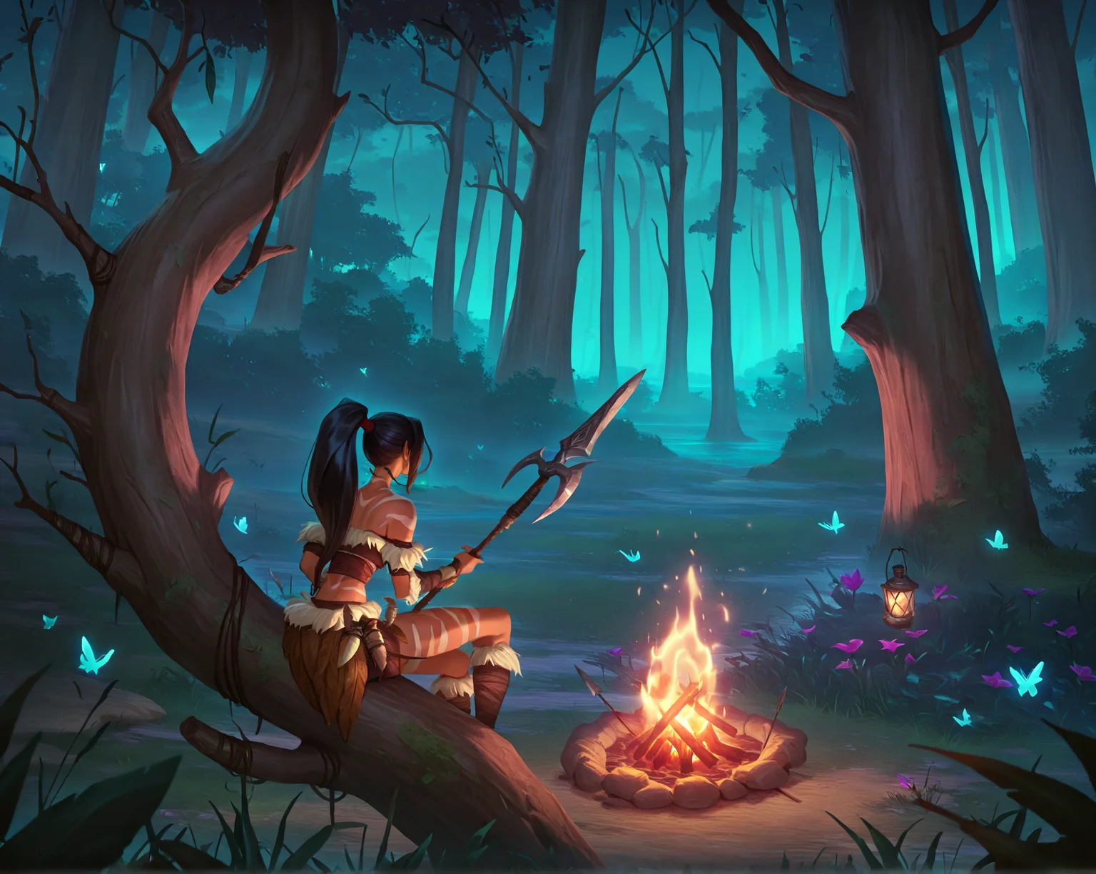 lorsty, nidalee, tree, bug, outdoors, night, lantern, nature, weapon, forest, 1girl, butterfly, sitting, polearm, spear, ponytail, glowing, flower, in tree, feathers, scenery, campfire, holding,from behind
masterpiece, best quality, highres, absurdres
<lora:LegendOfRuneterra_ILXL:0.8>