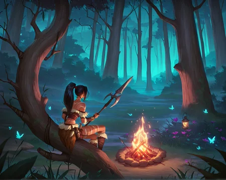 lorsty, nidalee, tree, bug, outdoors, night, lantern, nature, weapon, forest, 1girl, butterfly, sitting, polearm, spear, ponytail, glowing, flower, in tree, feathers, scenery, campfire, holding,from behind
masterpiece, best quality, highres, absurdres
<lora:LegendOfRuneterra_ILXL:0.8>