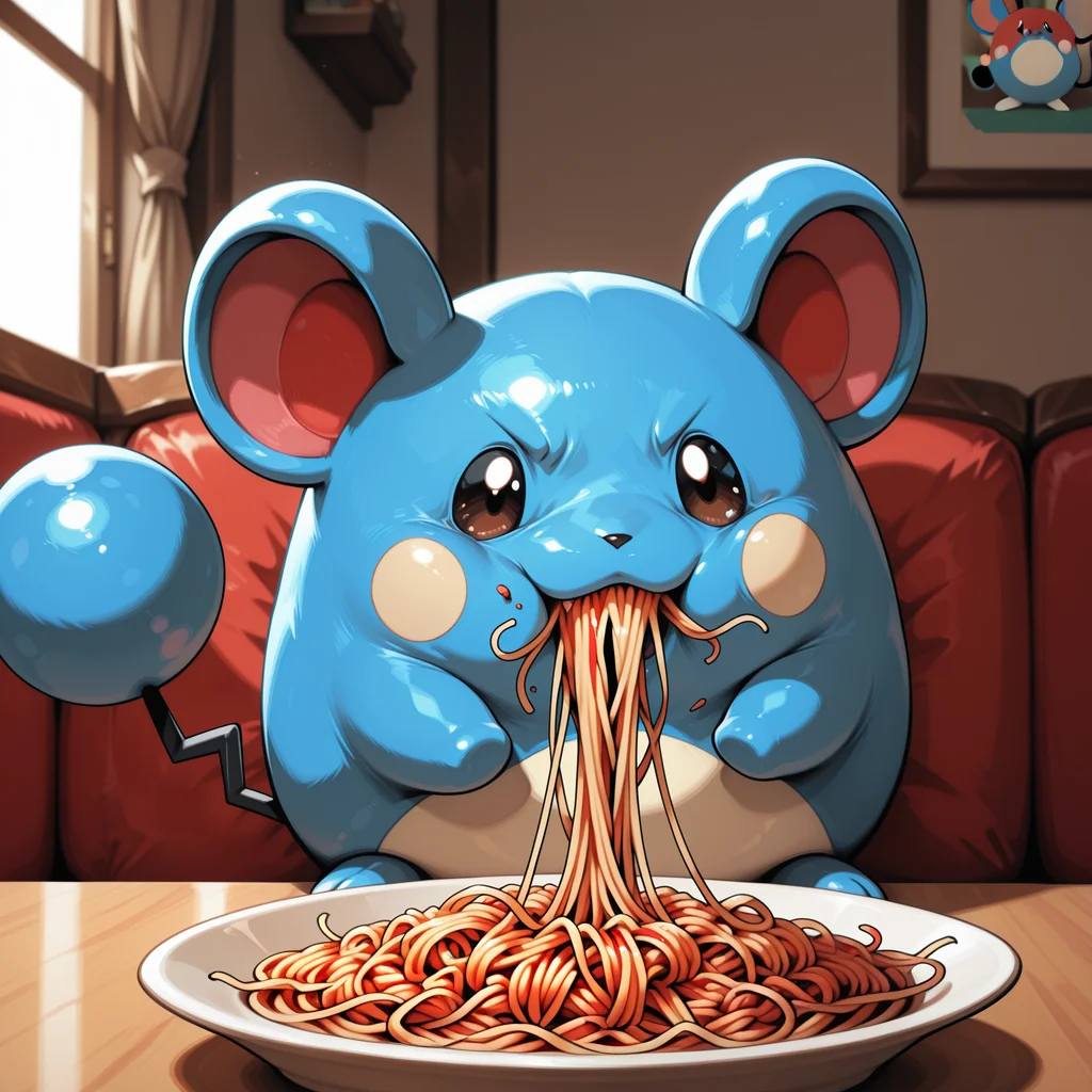 embedding:IllusP0s, marill_\(pokemon\), eating spaghetti, no humans, cute, aiming,<lora:spaghetti_eating.safetensors:0.5:0.5>