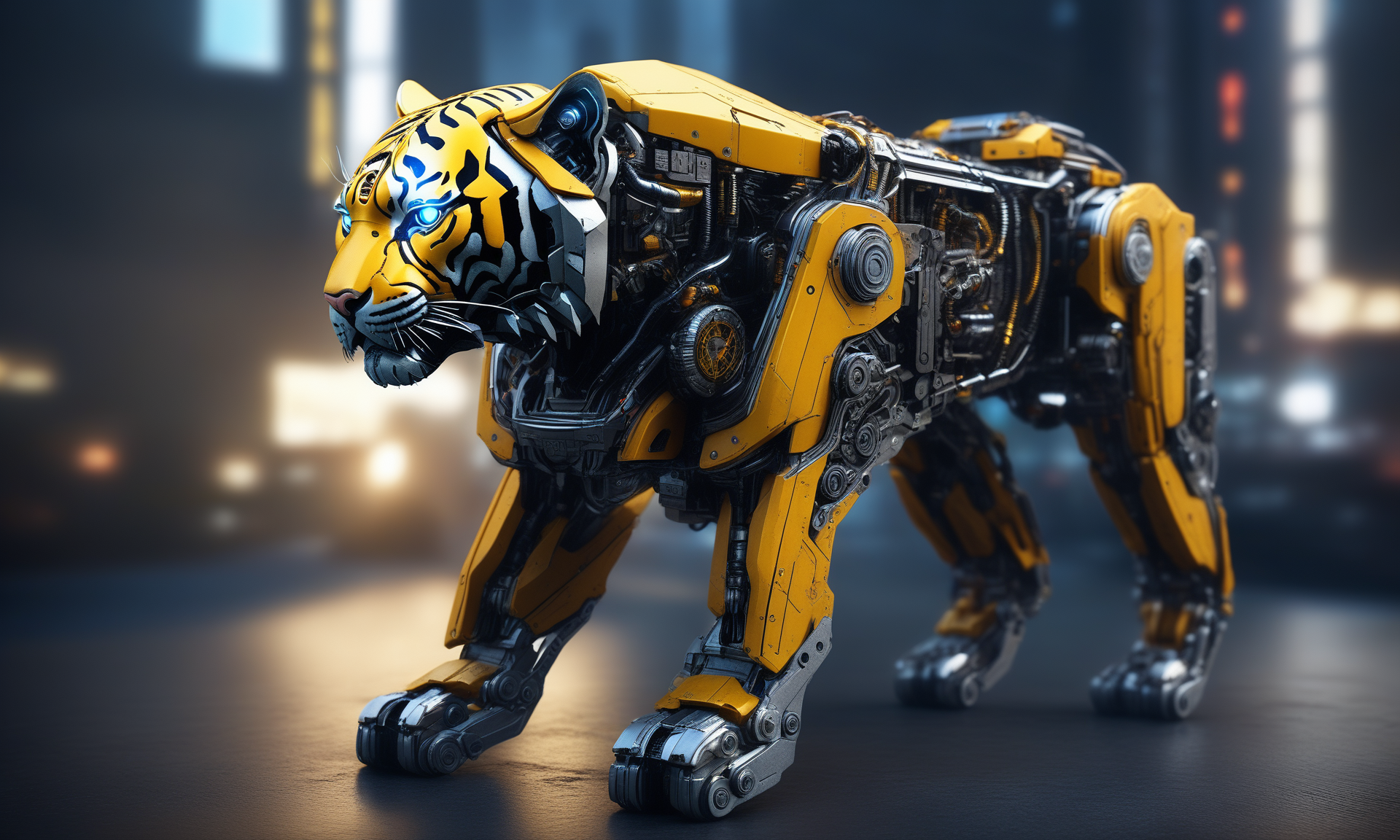 <lora:mechcd_xl-000007:0.8>,a (mechcd_xl,mech,cyberpunk,shiny,glowing,mechanical parts,joints,military) tiger,yellow theme,no humans,solo,long-focus,tilt-shift,outdoors,full body,cityscape,at night,dim light,glowing eyes,science fiction,dystopian,futuristic,intricate,chinese zodiac,still life,front view,facing viewer,looking at viewer, emotional,harmonious,high budget,moody,epic,gorgeous,perfect lighting,realistic,photorealistic,photographic,photo (medium),real,moody lighting,volumetric lighting,reality ray tracing,8K,HDR,UHD,masterpiece,best quality,highly detailed,high resolution,finely detail,extremely detailed,ultra detailed,wallpaper
