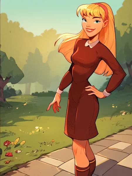 <lora:NatPony2.0:1> nat, thick lips, hairband, blonde hair, long hair, 1girl, solo, breasts, dress, smile, outdoors, looking at viewer, hand on own hip,long long sleeves,socks, score_9, score_8_up, score_7_up, score_6_up, score_5_up, score_4_up