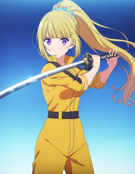 masterpiece, best quality, newest, absurdres, highres, safe,, <lora:kei-karuizawa-anime-s2-ponyxl-lora-nochekaiser:1>, kei karuizawa, long hair, bangs, blunt bangs, purple eyes, blonde hair, hair ornament, ponytail, scrunchie, blue scrunchie, medium breasts, anime screencap, <lora:sword-guard-stance-illustriousxl-lora-nochekaiser:1>, sword guard stance, sword, weapon, solo, katana, holding, holding weapon, holding sword, looking at viewer, jumpsuit, yellow jumpsuit, high collar, cowboy shot, pants,, ,