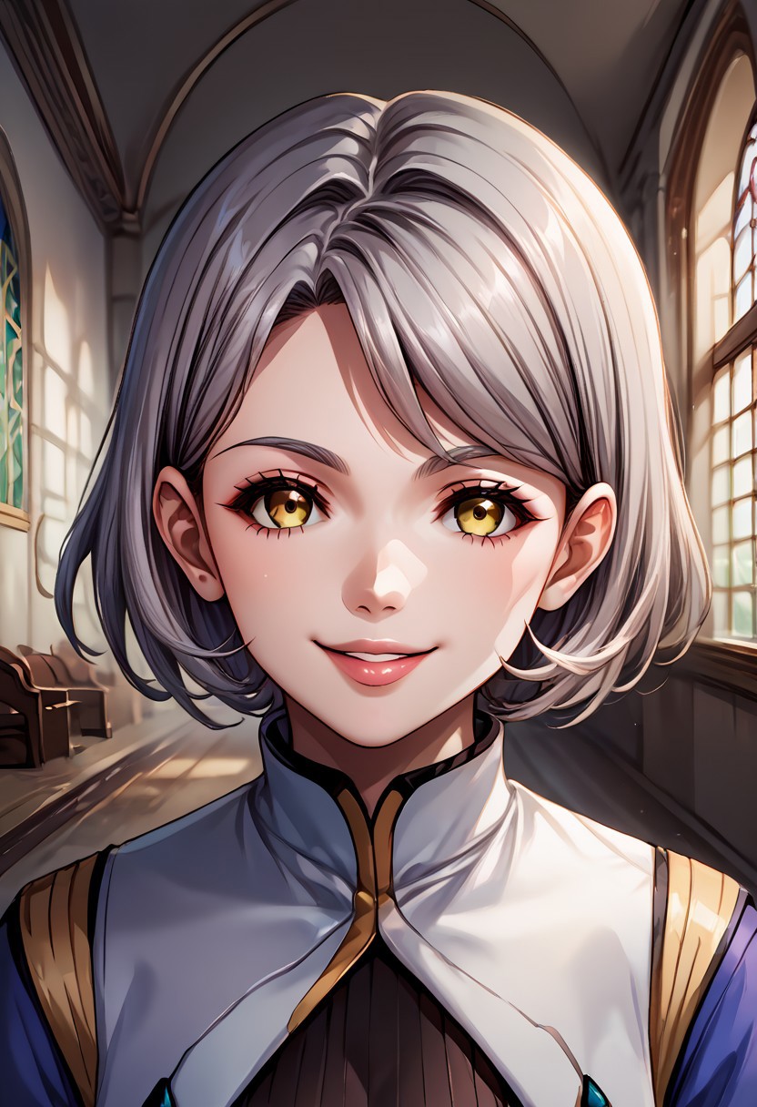 score_9, score_8_up, score_7_up, score_6_up, score_5_up, score_4_up,anime coloring BREAK source_anime,anime, detailed, intricate details, chromatic aberration, realistic, veins source_anime, 
<lora:febronia0829-sdxl-000020:1>, febronia \(xenosaga\), 1girl, solo, looking at viewer, short hair, robe, indoors, church, yellow eyes, grey hair, blue pants, turtleneck, boots, long sleeves, lips, smiling
Face Focus, Upper Body detailed eyes、detailed face and detailed skin <lora:add-detail-xl:1.0>