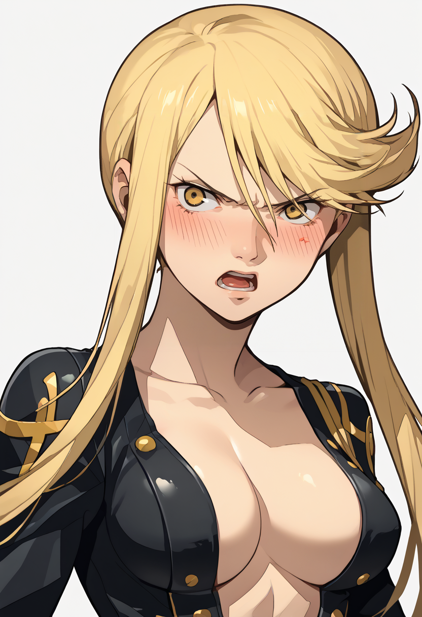 score_9, score_8_up, score_7_up, source_anime, 1girl, solo, open mouth, tsundere, heavy blush, angry
<lora:zs_P3ReloadPortraitsXL:1> p3reloadportraits, portrait, white background
 <lora:sengokubasara_kasuga_ponyXL:1> ka5uga, long hair, blonde hair, yellow eyes, large breasts, black bodysuit, center opening, navel, cleavage