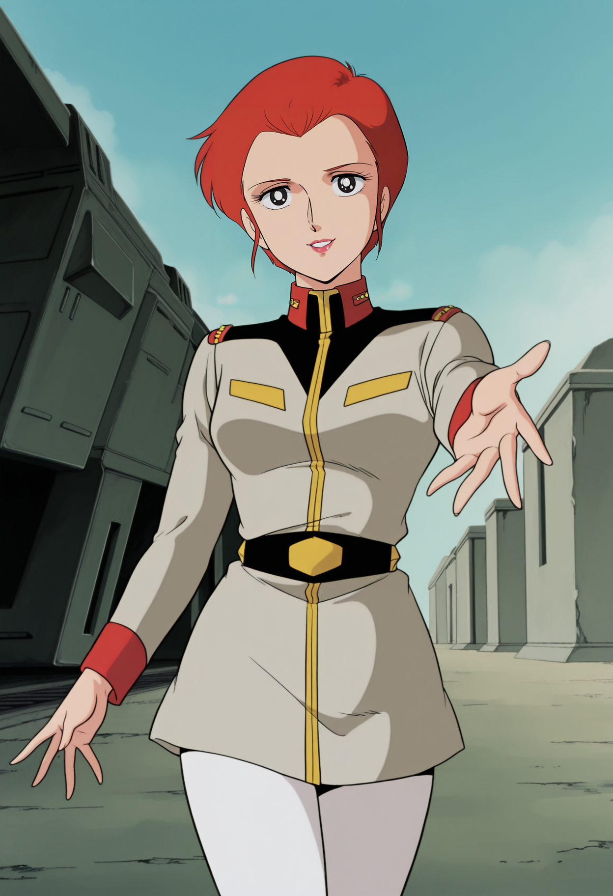 1girl,solo,mm,mature female,red hair,short hair,black eyes,lipstick,retro artstyle,anime coloring,
uniform,military uniform,belt,white pants,looking at viewer, smile,parted lips, reaching, reaching towards viewer, outdoors,day
,masterpiece,best quality,amazing quality,<lora:Matilda_Ajan-Mobile_Suit_Gundam-1979:0.8>