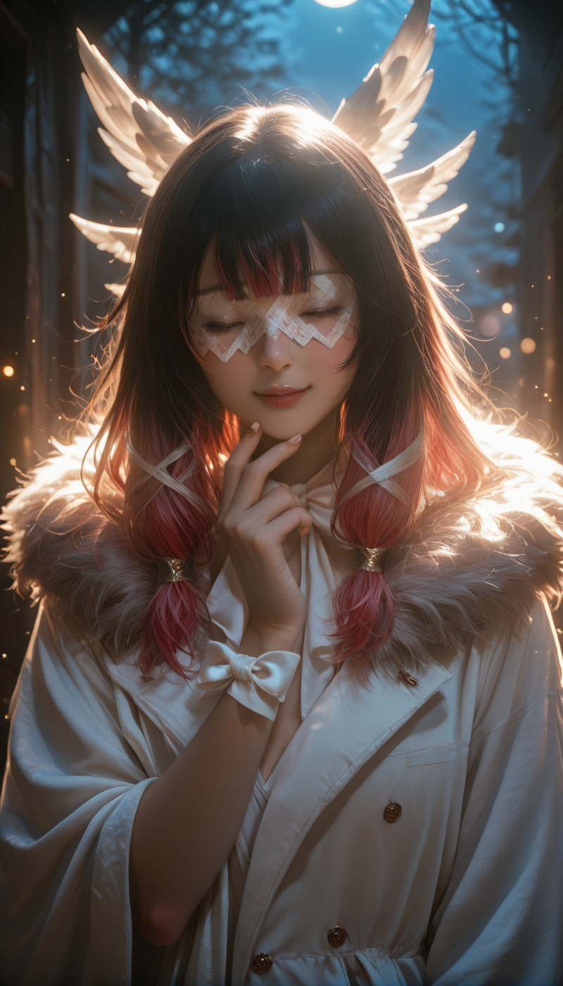 <lora:LCMTurboMix_Euler_A_fix:1> <lora:example_SDXL:0.3>, EZRealPONYXL, <lora:Dramatic Lighting Slider:3><lora:realistic filter [IL]:1>
DSLR,realistic,cosplay photo, (very awa,masterpiece,best quality,year 2024,newest,absurdres,highres:1), realistic,skin texture,facial features, photography shot with Canon EOS 5D Mark IV , realistic, RAW, best quality, masterpiece, amazing quality, skin details,
1girl, highly detailed beautiful face, large natural breasts,
detailed background, shiny skin, dutch angle, night, moonlight,
beautiful detailed eyes, intricate details, absurdres, anime screencap,
<lora:Columbina_Genshin_ILXL_kill0825:1>
GSColumbina, 1girl, solo, long hair, blush, smile, open mouth, simple background, black hair, hair ornament, white background, bow, ribbon, upper body, closed eyes, pink hair, multicolored hair, sidelocks, red hair, parted lips, wings, hand up, bowtie, blunt bangs, two-tone hair, streaked hair, coat, fur trim, sparkle, gradient hair, white bow, x hair ornament, head wings, facing viewer, white ribbon, white coat, hand on own chin, fur-trimmed coat, white bowtie, wrist ribbon, wing hair ornament, eye mask, finger to own chin, white mask, wrist bow