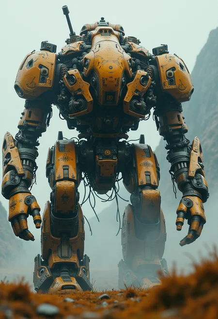 Detailed, masterpiece, professional, bold colors, awe inspiring, photography inspired by Jeremy Mann, 30mm shot, action scene, HDR, biomechanical fusion of organic and machine beauty, mix of the past and future, steam powered, intricately detailed mechanisms, articulated joints, bio-luminescent circuitry, massive mecha eroded into the landscape, battle scarred with nature slowly taking back over